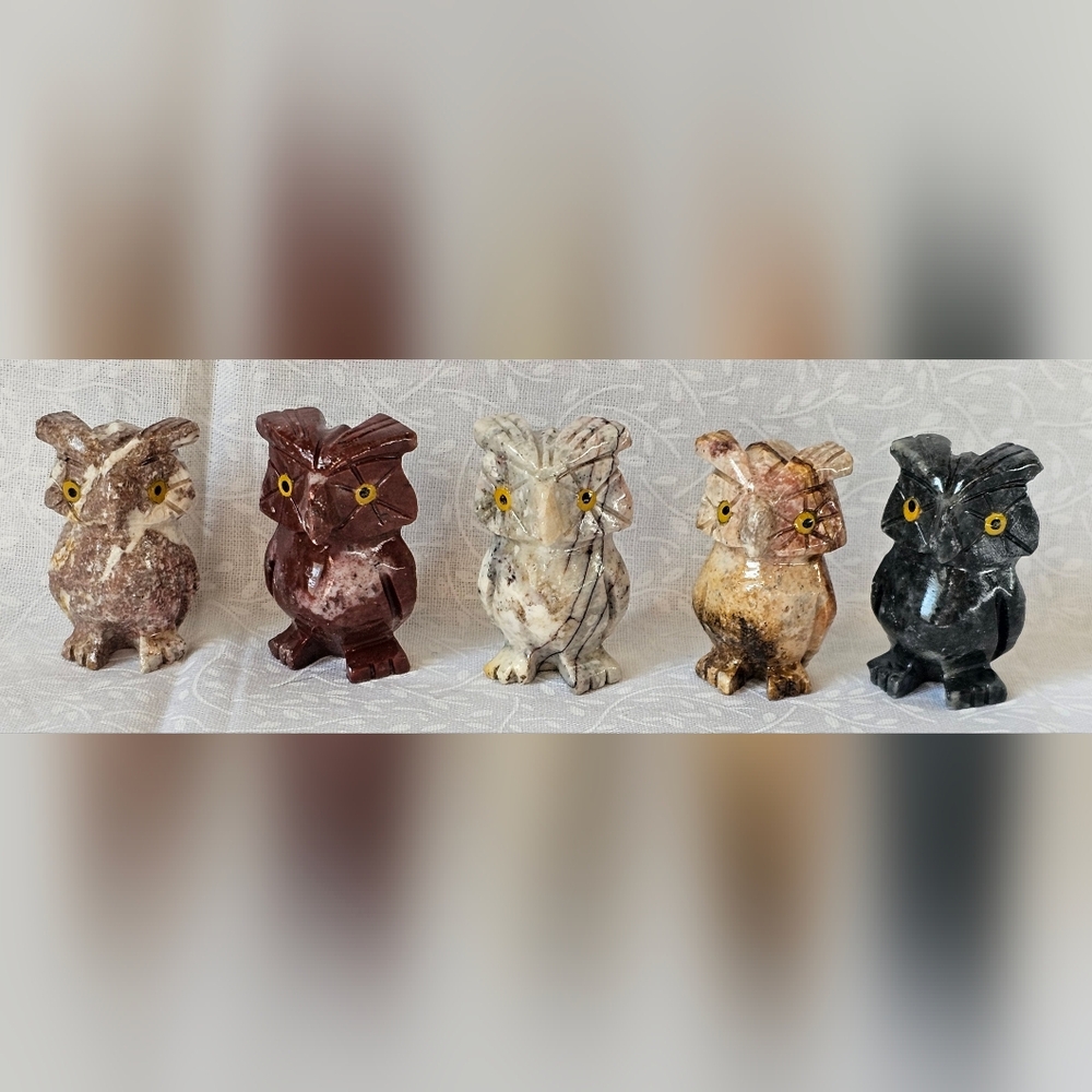 5 Soapstone Crystal Owls Birds
